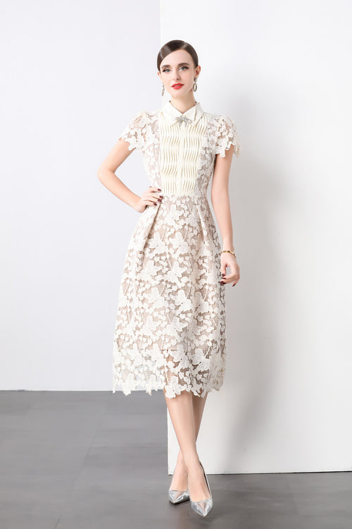 3d floral applique bow tie white lace midi dress all white 1