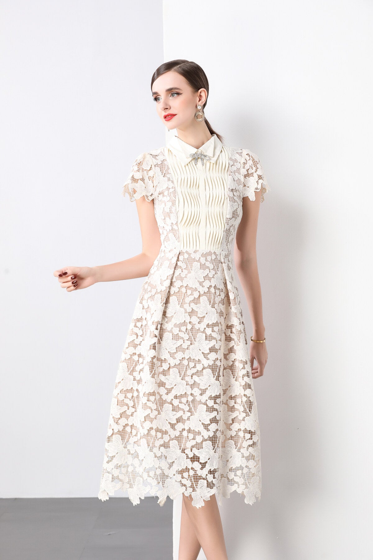 3d floral applique bow tie white lace midi dress all white 2