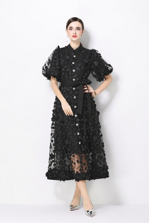 3D Floral Appliqué Lace Stand-Collar Midi Dress with Puff Sleeves