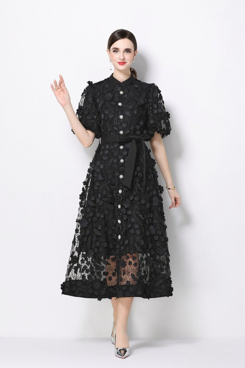 3D Floral Appliqué Lace Stand-Collar Midi Dress with Puff Sleeves
