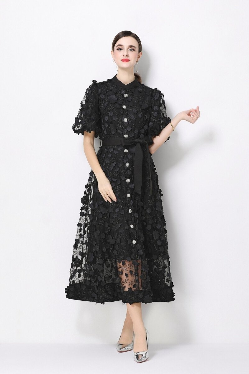 3D Floral Appliqué Lace Stand-Collar Midi Dress with Puff Sleeves