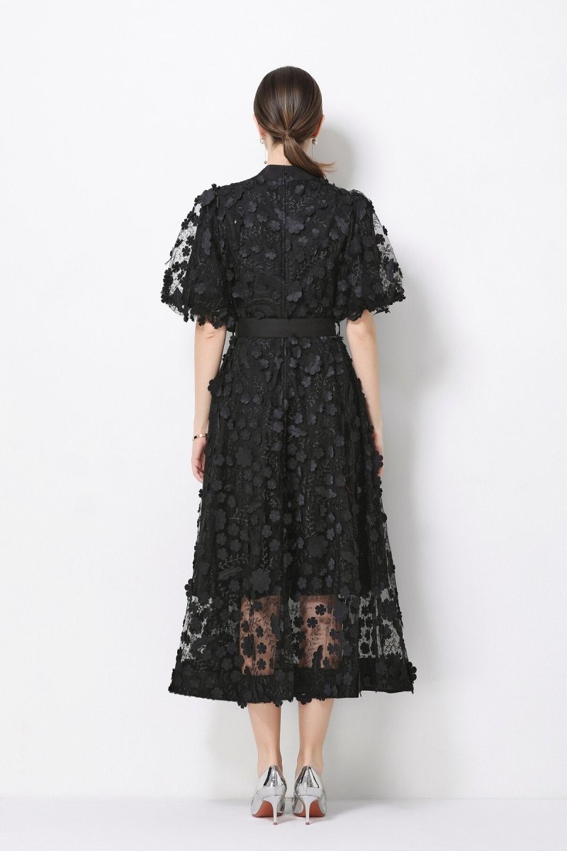 3D Floral Appliqué Lace Stand-Collar Midi Dress with Puff Sleeves