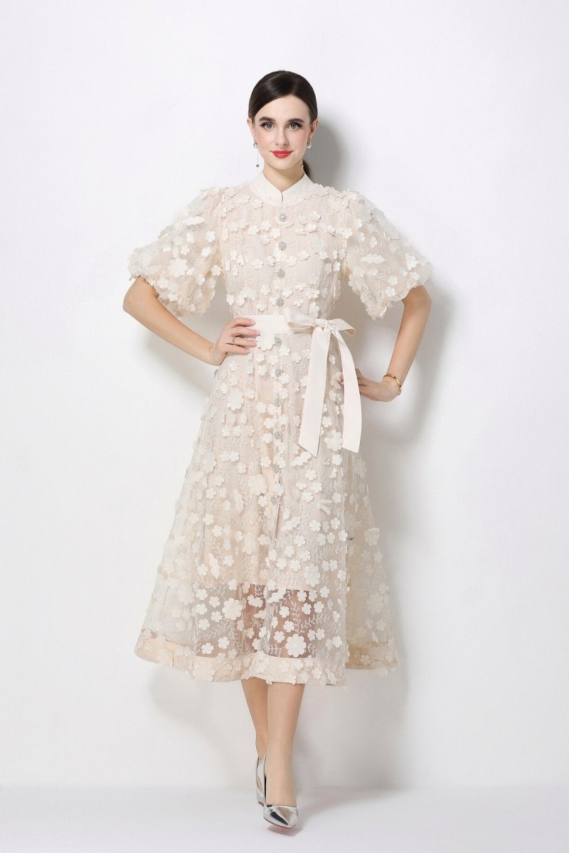 3D Floral Appliqué Lace Stand-Collar Midi Dress with Puff Sleeves