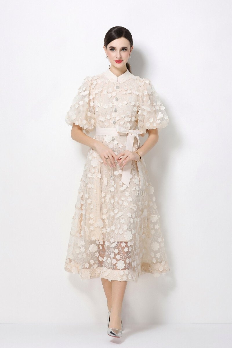 3D Floral Appliqué Lace Stand-Collar Midi Dress with Puff Sleeves