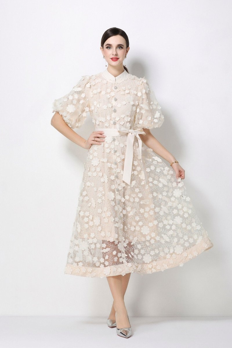 3D Floral Appliqué Lace Stand-Collar Midi Dress with Puff Sleeves