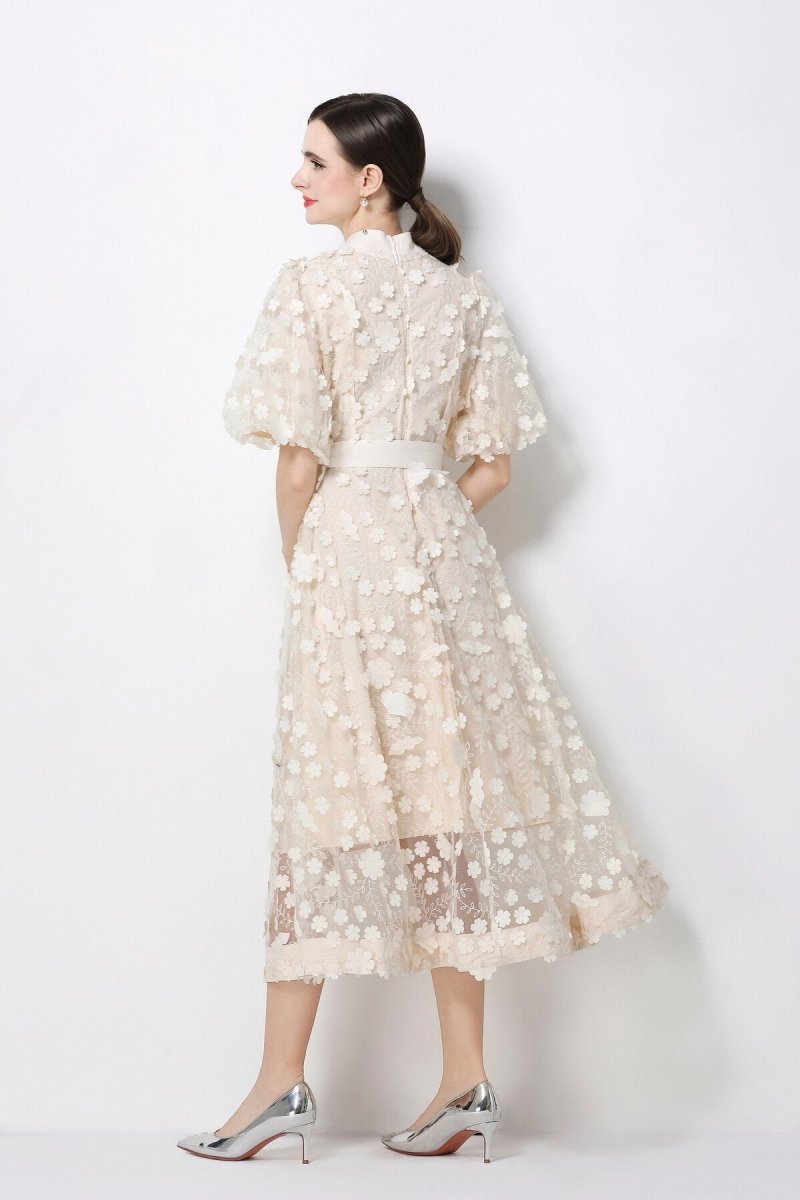 3D Floral Appliqué Lace Stand-Collar Midi Dress with Puff Sleeves