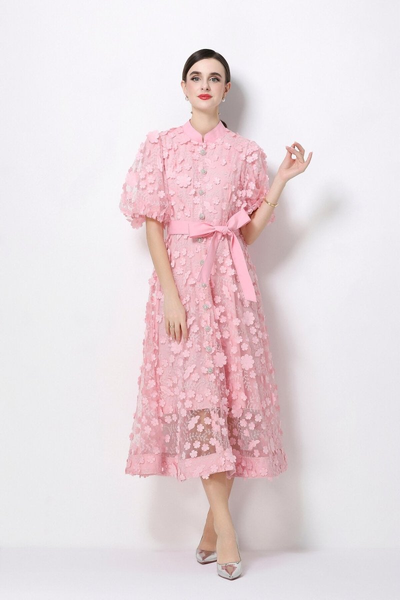 3D Floral Appliqué Lace Stand-Collar Midi Dress with Puff Sleeves
