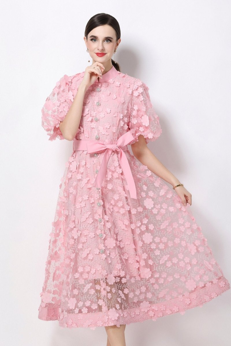 3D Floral Appliqué Lace Stand-Collar Midi Dress with Puff Sleeves