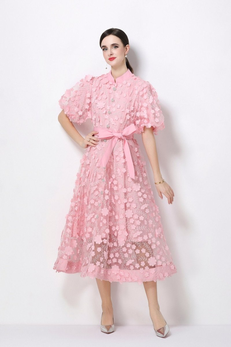 3D Floral Appliqué Lace Stand-Collar Midi Dress with Puff Sleeves
