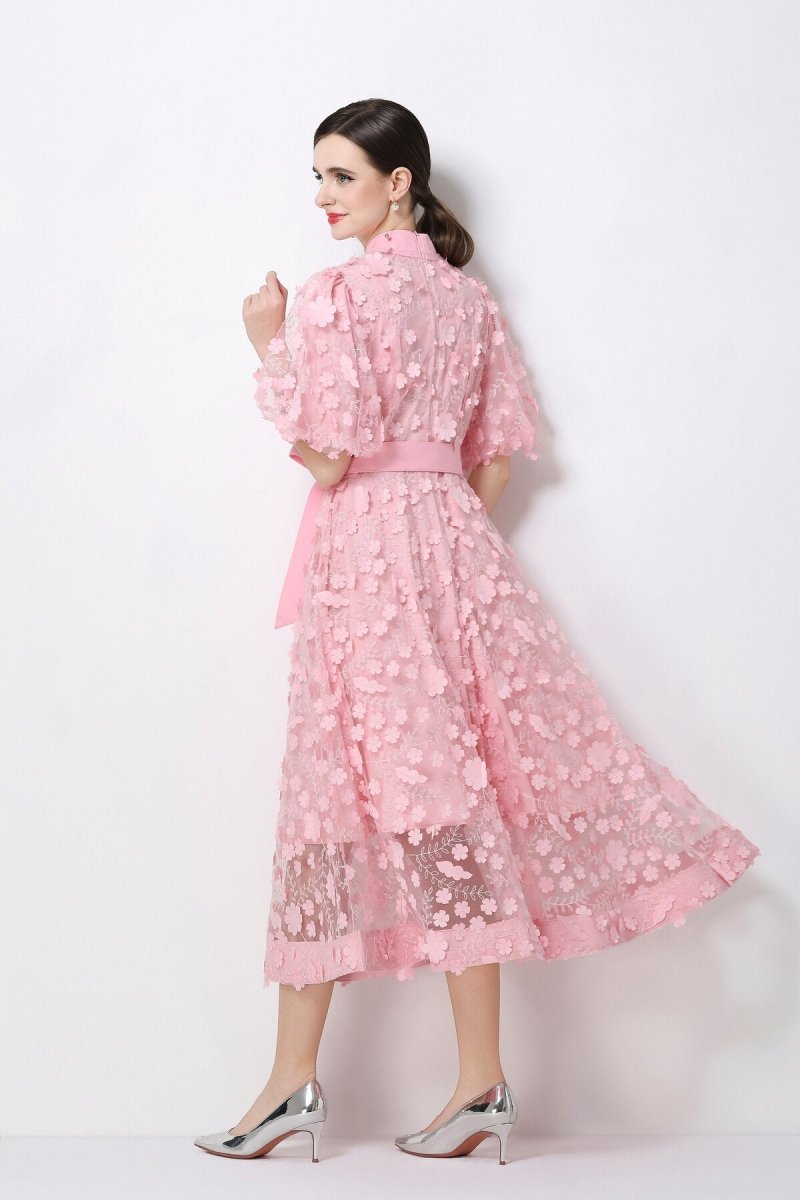 3D Floral Appliqué Lace Stand-Collar Midi Dress with Puff Sleeves