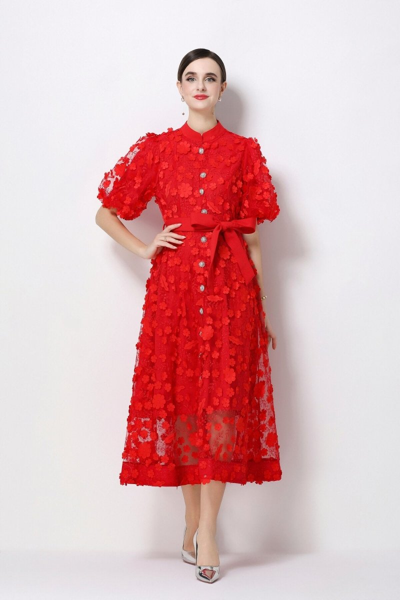 3D Floral Appliqué Lace Stand-Collar Midi Dress with Puff Sleeves