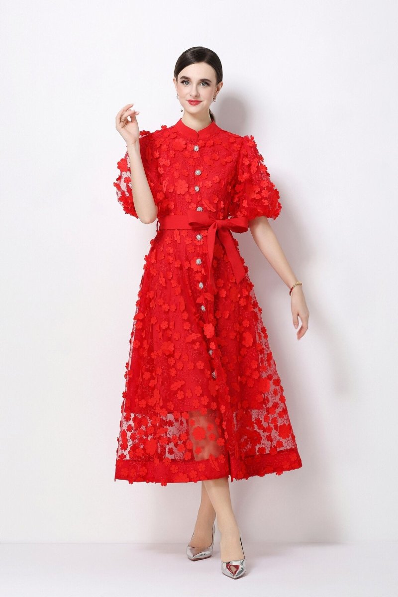 3D Floral Appliqué Lace Stand-Collar Midi Dress with Puff Sleeves