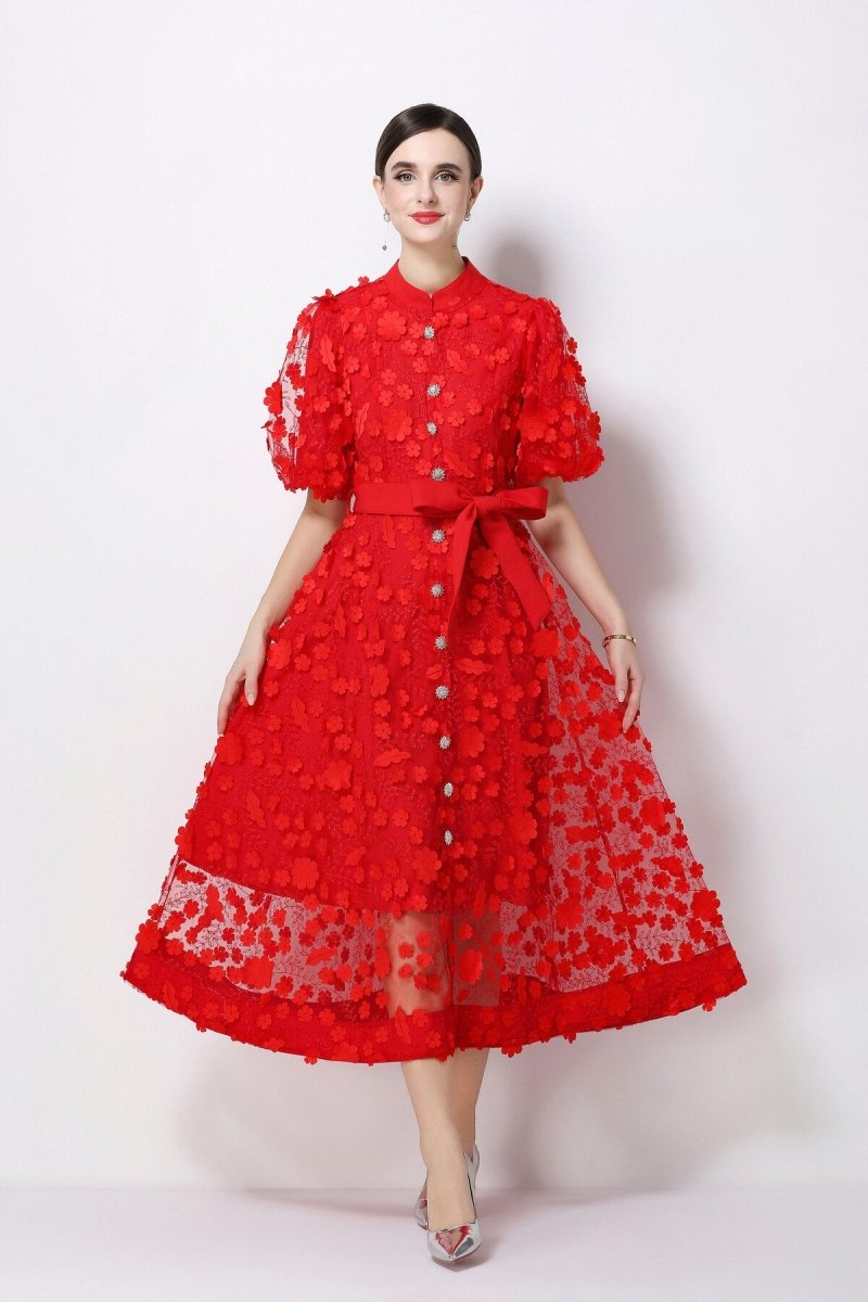 3D Floral Appliqué Lace Stand-Collar Midi Dress with Puff Sleeves