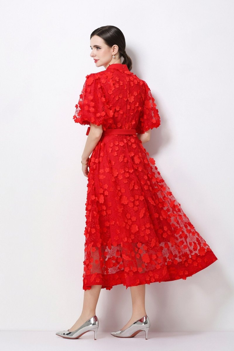 3D Floral Appliqué Lace Stand-Collar Midi Dress with Puff Sleeves