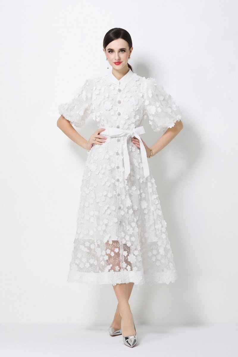 3D Floral Appliqué Lace Stand-Collar Midi Dress with Puff Sleeves