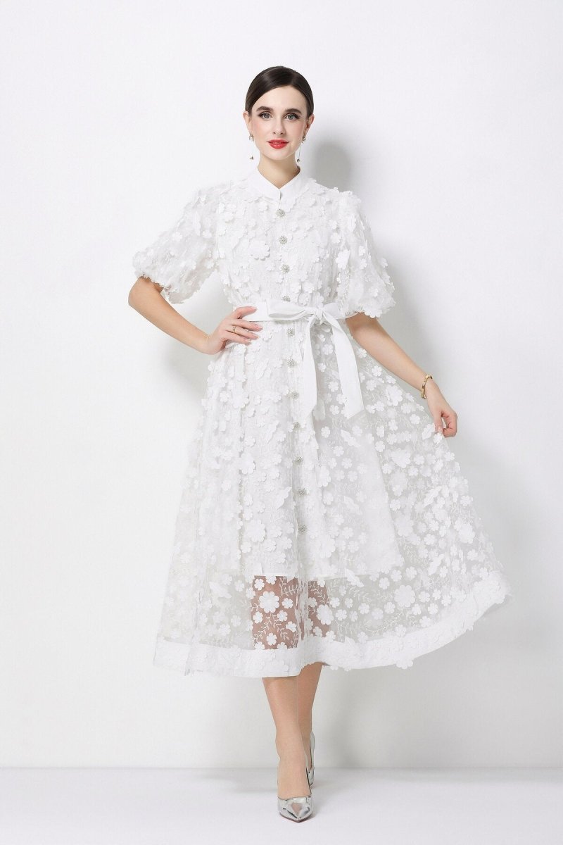 3D Floral Appliqué Lace Stand-Collar Midi Dress with Puff Sleeves