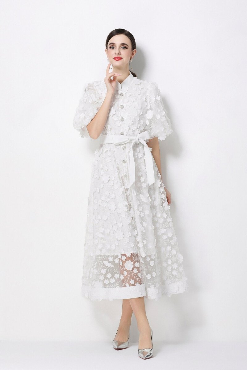 3D Floral Appliqué Lace Stand-Collar Midi Dress with Puff Sleeves