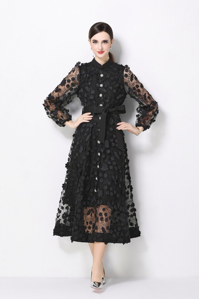 3D Floral Appliqué Stand-Collar Midi Dress with Bishop Sleeves & Tie Belt
