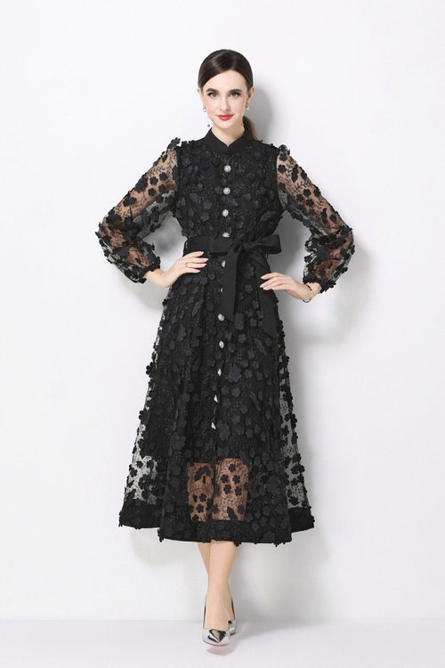 3D Floral Appliqué Stand-Collar Midi Dress with Bishop Sleeves & Tie Belt
