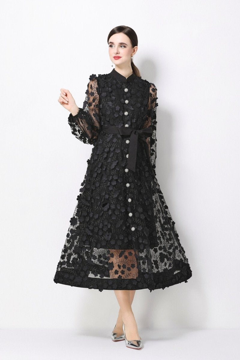 3D Floral Appliqué Stand-Collar Midi Dress with Bishop Sleeves & Tie Belt