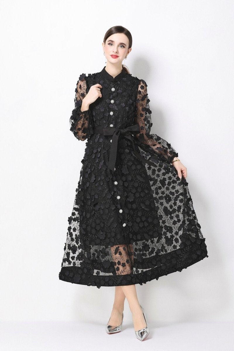 3D Floral Appliqué Stand-Collar Midi Dress with Bishop Sleeves & Tie Belt
