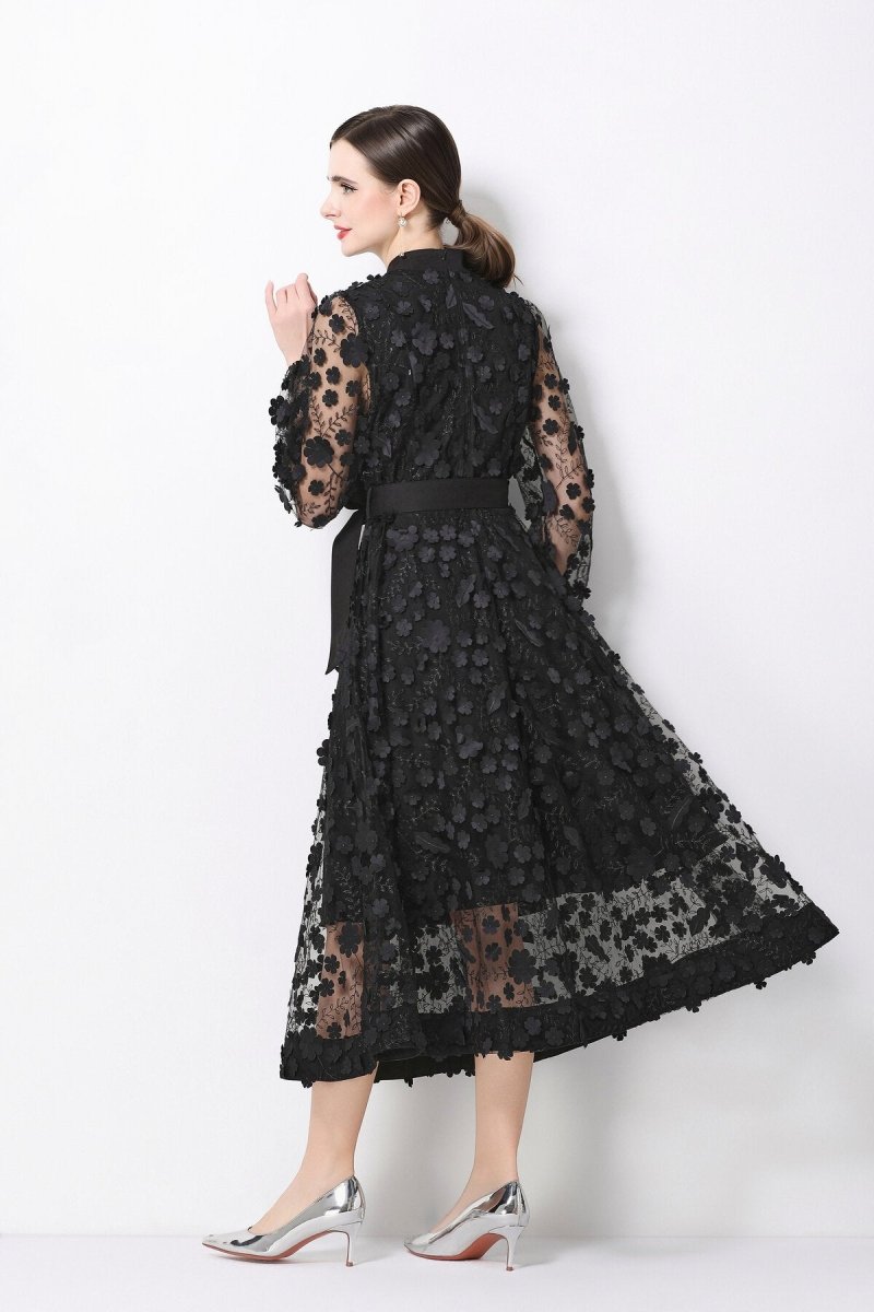 3D Floral Appliqué Stand-Collar Midi Dress with Bishop Sleeves & Tie Belt