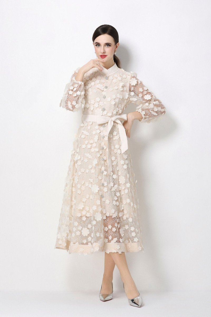 3D Floral Appliqué Stand-Collar Midi Dress with Bishop Sleeves & Tie Belt