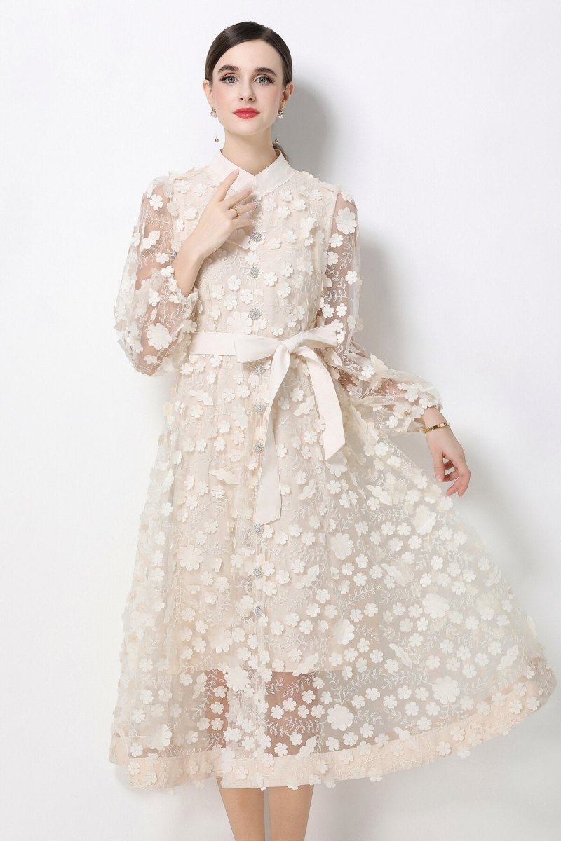 3D Floral Appliqué Stand-Collar Midi Dress with Bishop Sleeves & Tie Belt