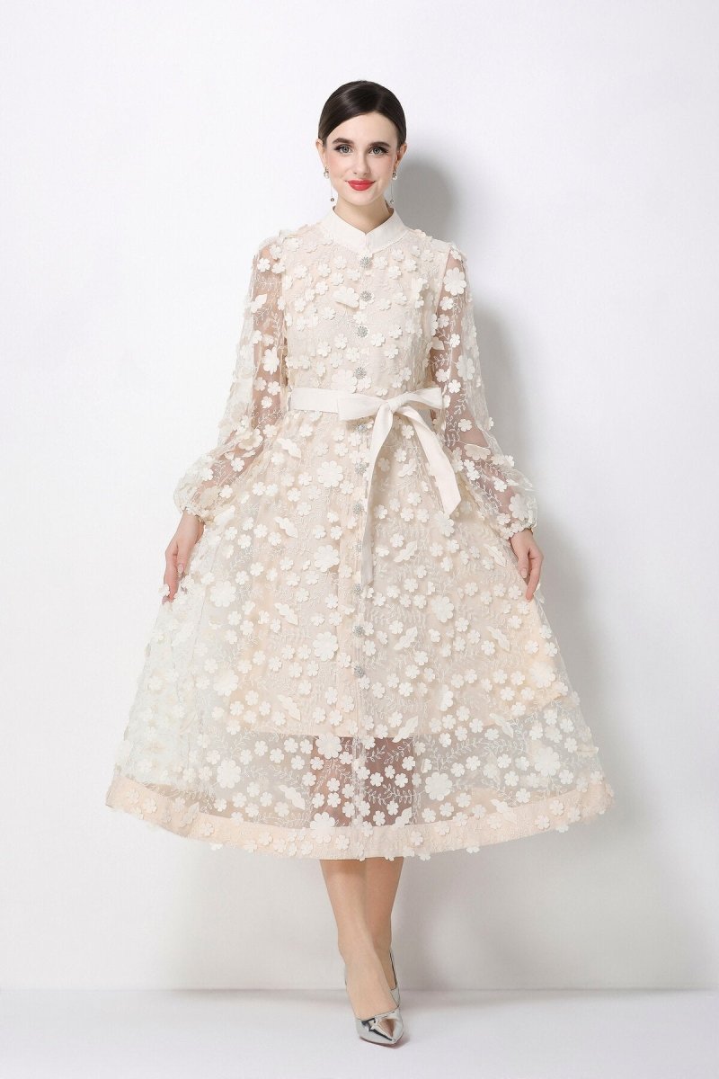 3D Floral Appliqué Stand-Collar Midi Dress with Bishop Sleeves & Tie Belt
