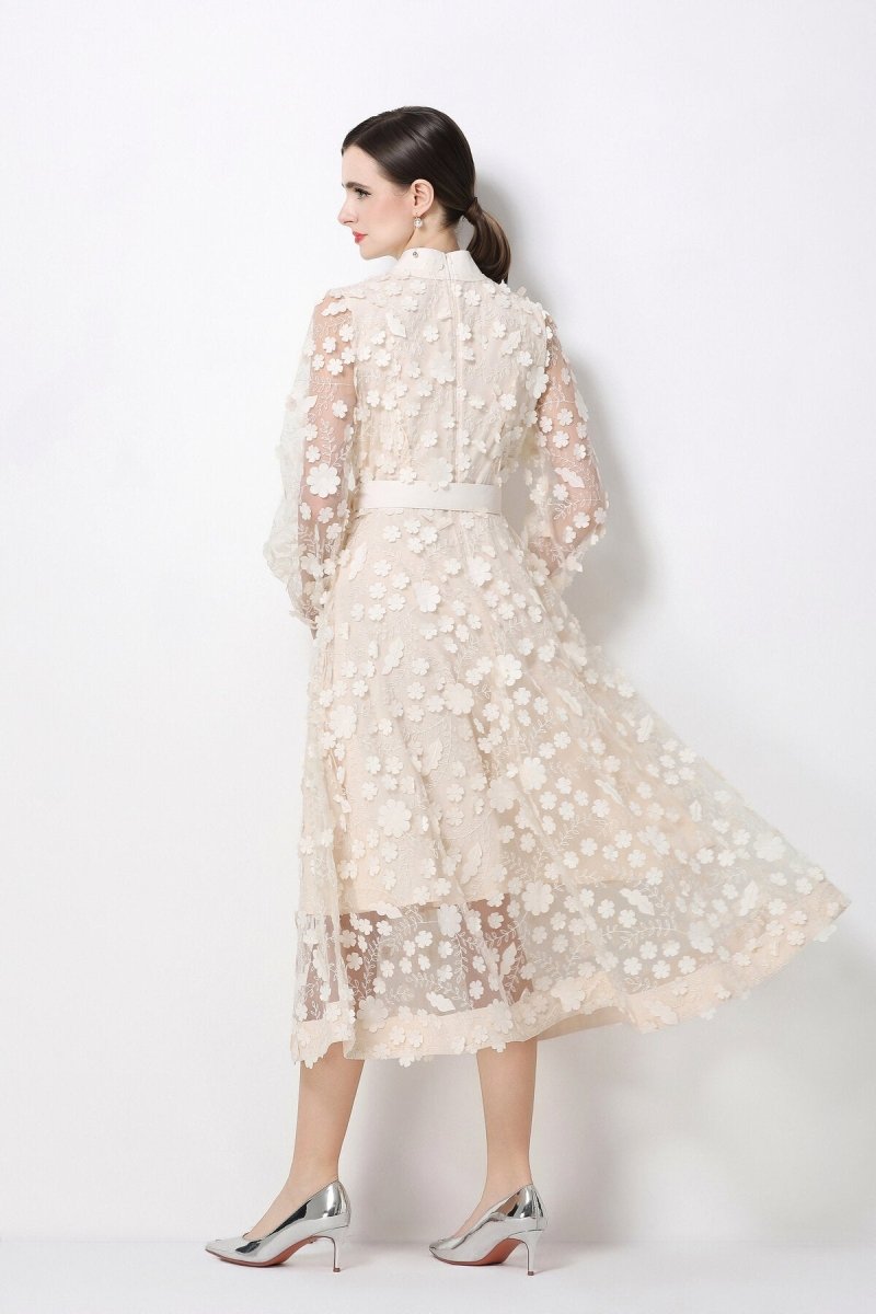 3D Floral Appliqué Stand-Collar Midi Dress with Bishop Sleeves & Tie Belt
