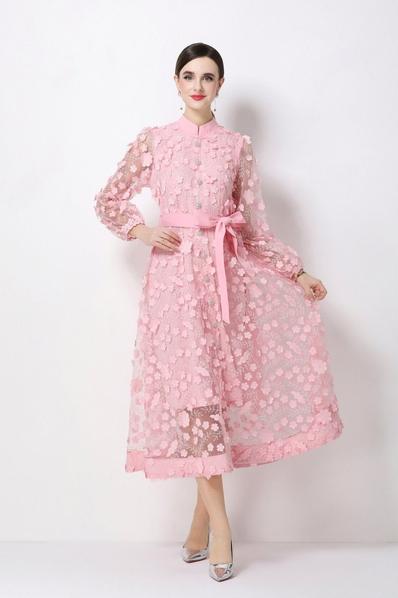3D Floral Appliqué Stand-Collar Midi Dress with Bishop Sleeves & Tie Belt