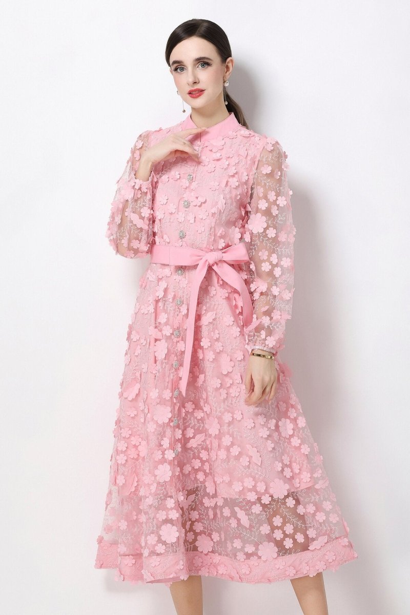 3D Floral Appliqué Stand-Collar Midi Dress with Bishop Sleeves & Tie Belt