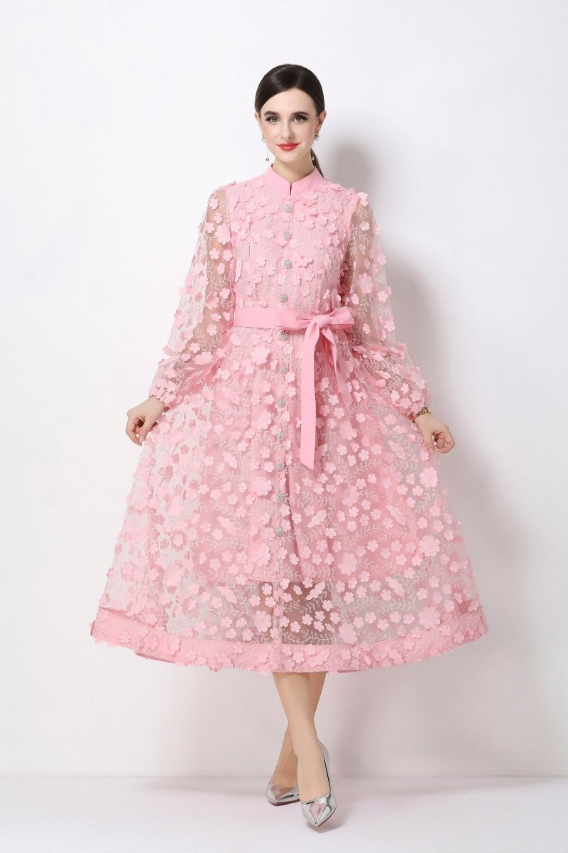 3D Floral Appliqué Stand-Collar Midi Dress with Bishop Sleeves & Tie Belt