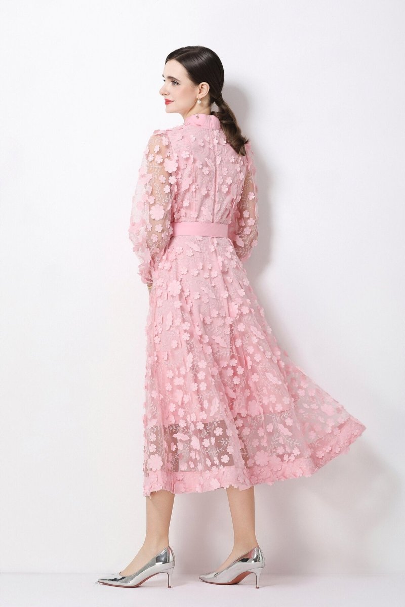 3D Floral Appliqué Stand-Collar Midi Dress with Bishop Sleeves & Tie Belt