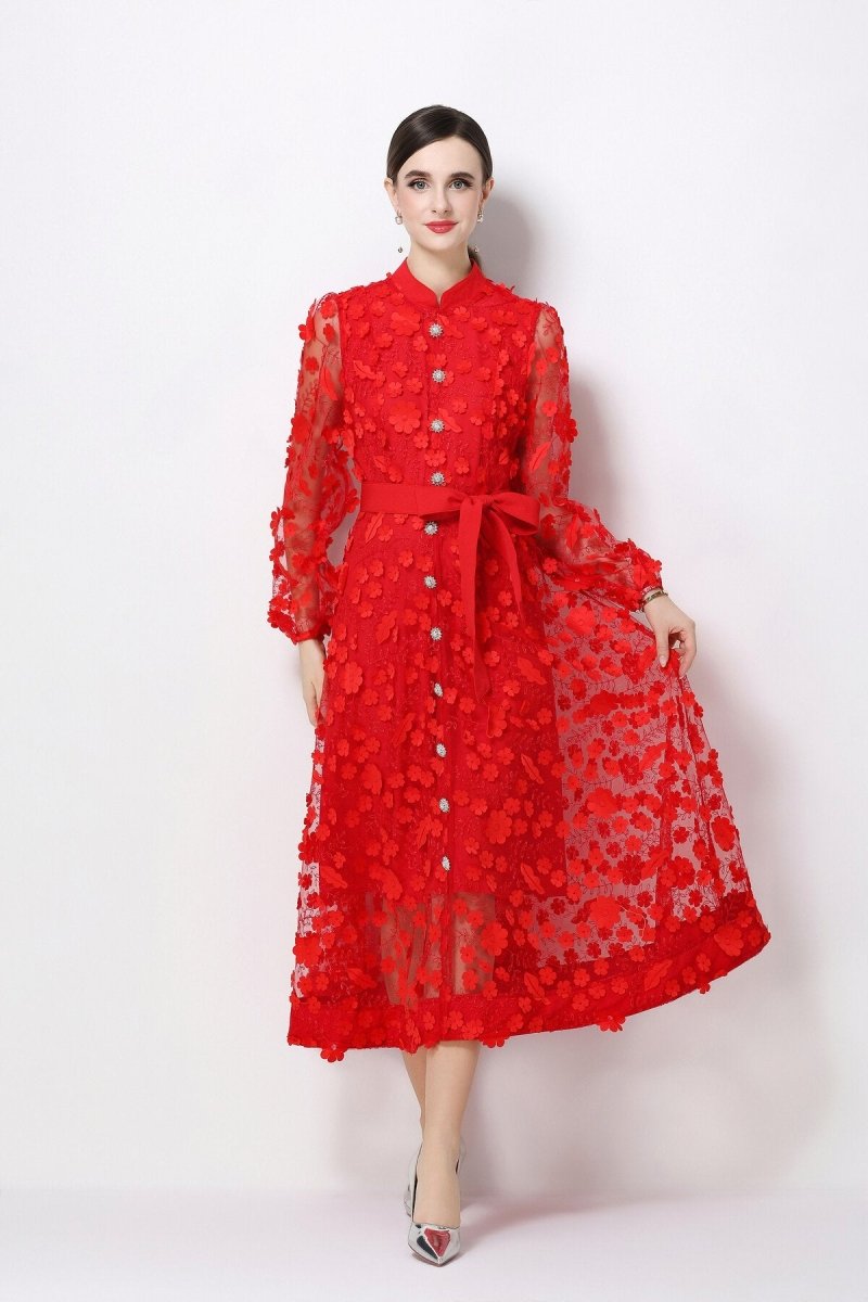 3D Floral Appliqué Stand-Collar Midi Dress with Bishop Sleeves & Tie Belt