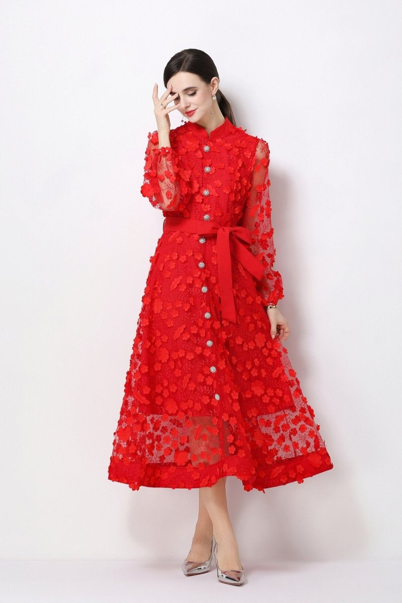 3D Floral Appliqué Stand-Collar Midi Dress with Bishop Sleeves & Tie Belt