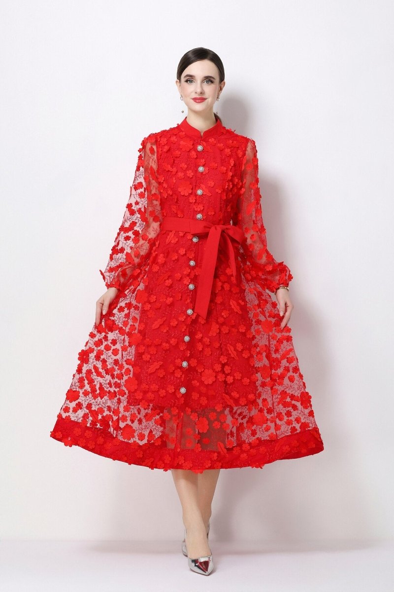 3D Floral Appliqué Stand-Collar Midi Dress with Bishop Sleeves & Tie Belt