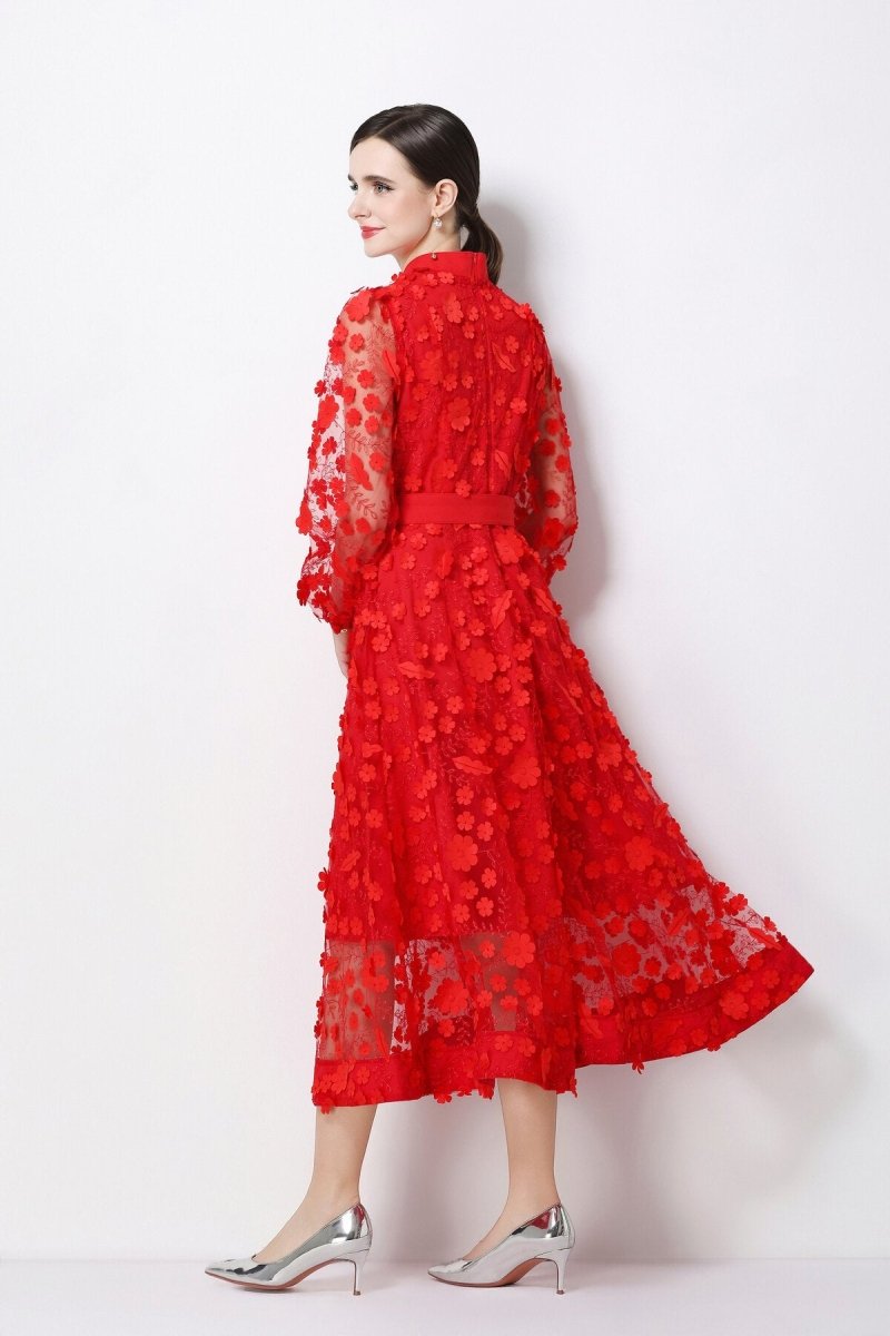 3D Floral Appliqué Stand-Collar Midi Dress with Bishop Sleeves & Tie Belt