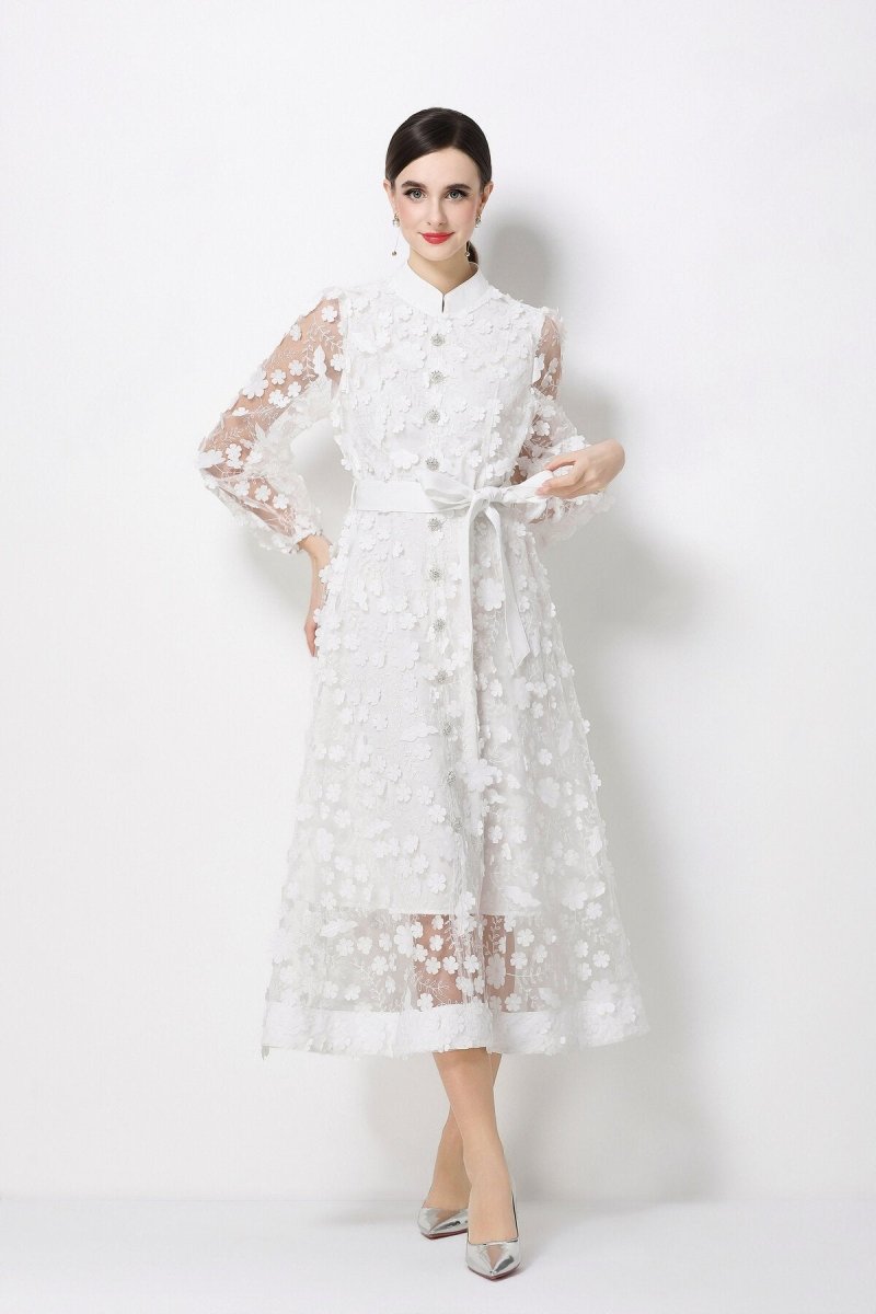 3D Floral Appliqué Stand-Collar Midi Dress with Bishop Sleeves & Tie Belt