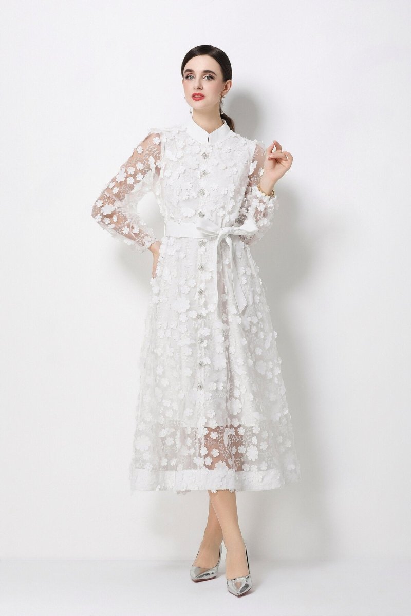 3D Floral Appliqué Stand-Collar Midi Dress with Bishop Sleeves & Tie Belt