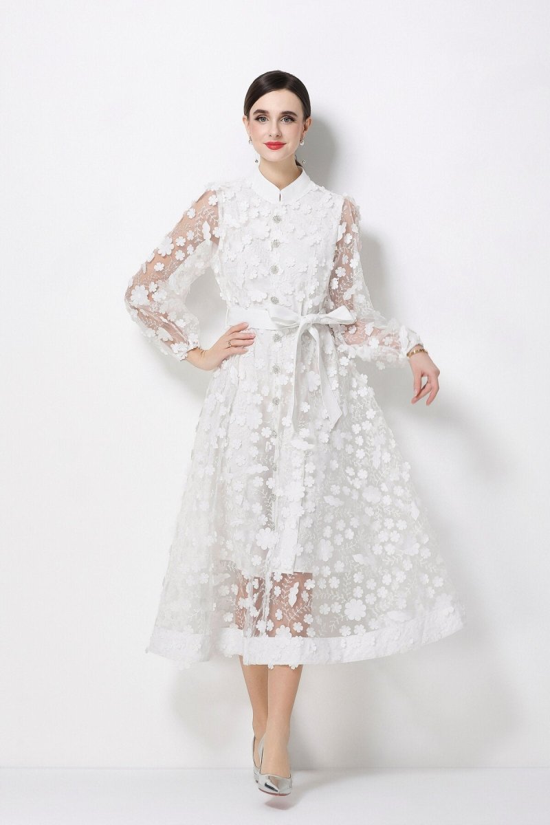 3D Floral Appliqué Stand-Collar Midi Dress with Bishop Sleeves & Tie Belt