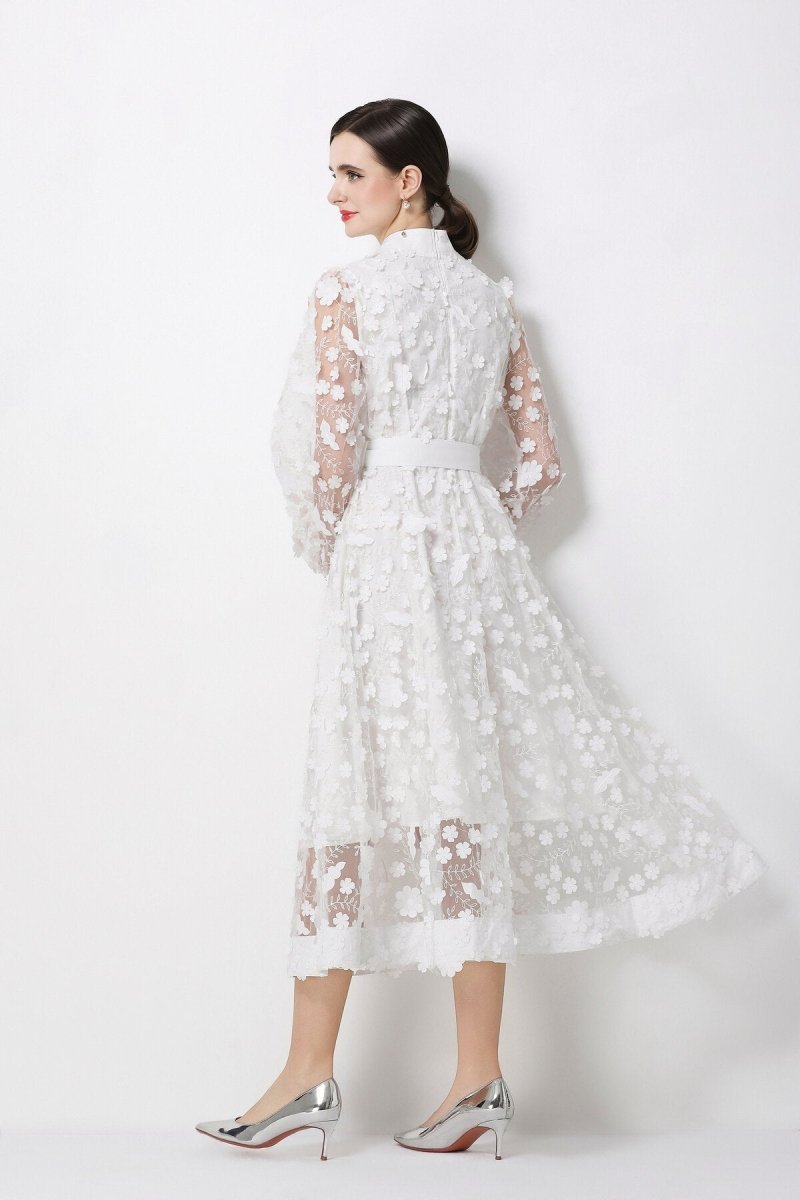 3D Floral Appliqué Stand-Collar Midi Dress with Bishop Sleeves & Tie Belt