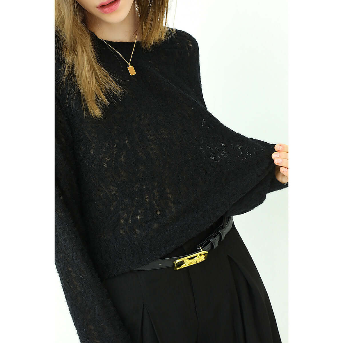 3d hollow out jacquard black knit top all black 2