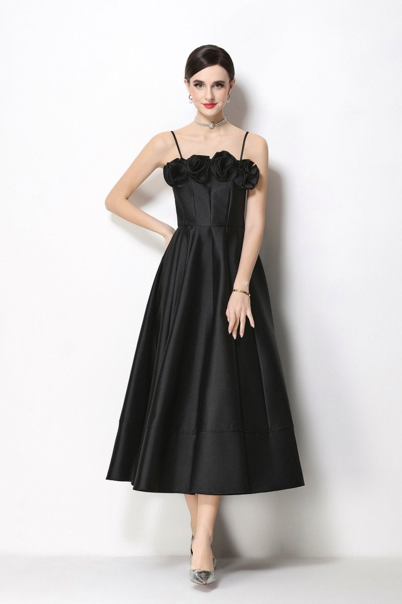 3D Rosette Satin Spaghetti Strap Tea-Length Dress