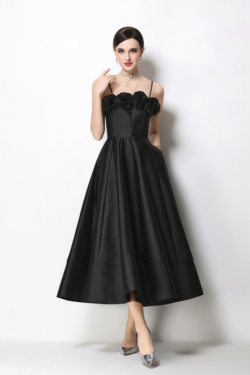 3D Rosette Satin Spaghetti Strap Tea-Length Dress