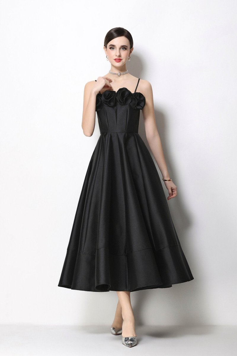 3D Rosette Satin Spaghetti Strap Tea-Length Dress