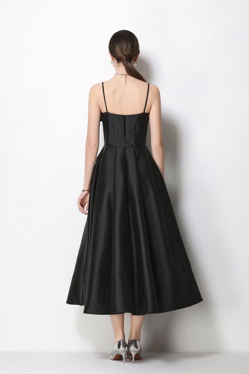 3D Rosette Satin Spaghetti Strap Tea-Length Dress
