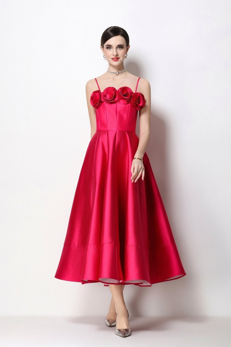 3D Rosette Satin Spaghetti Strap Tea-Length Dress
