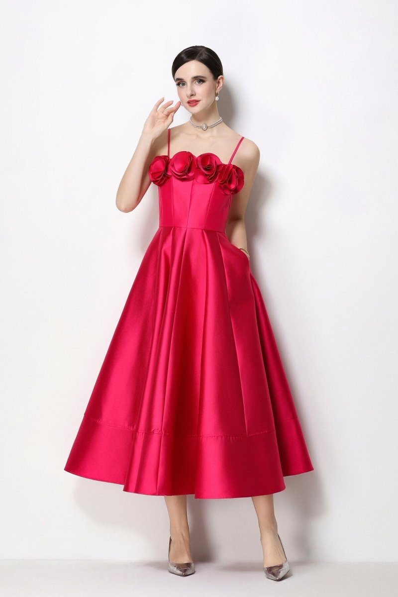 3D Rosette Satin Spaghetti Strap Tea-Length Dress