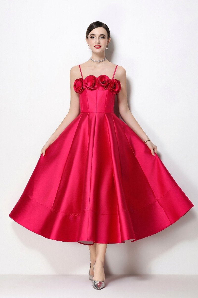 3D Rosette Satin Spaghetti Strap Tea-Length Dress